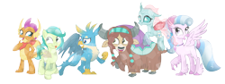 Size: 3301x1243 | Tagged: safe, artist:sintakhra, character:gallus, character:ocellus, character:sandbar, character:silverstream, character:smolder, character:yona, species:changeling, species:classical hippogriff, species:crystal pony, species:dragon, species:griffon, species:hippogriff, species:pony, species:reformed changeling, species:yak, tumblr:studentsix, crystallized, cute, diaocelles, diastreamies, gallabetes, sandabetes, simple background, smolderbetes, student six, tongue out, transparent background, yonadorable