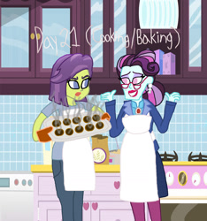 Size: 1500x1601 | Tagged: safe, artist:ktd1993, character:principal abacus cinch, character:victoria, my little pony:equestria girls, 30 day otp challenge, apron, baking, burnt, cinchtoria, clothing, cookie, female, food, lesbian, victoria