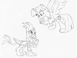 Size: 2235x1685 | Tagged: safe, artist:ejlightning007arts, character:gallus, character:silverstream, species:classical hippogriff, species:griffon, species:hippogriff, ship:gallstream, armor, clothing, costume, cute, diastreamies, fake cutie mark, fake horn, female, flying, gallabetes, halloween, halloween costume, hand drawing, holiday, implied tempest shadow, implied tempestlight, implied twilight sparkle, male, nightmare night, shipping, straight, traditional art
