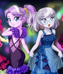 Size: 453x532 | Tagged: safe, artist:uotapo, edit, editor:thomasfan45, character:diamond tiara, character:silver spoon, my little pony:equestria girls, backless, bare shoulders, clothing, cropped, cute, diamondbetes, dress, duo, duo female, female, formal wear, glasses, holding hands, looking at you, open mouth, ponytail, ruffles, scrunchie, silverbetes, turned head