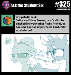 Size: 800x848 | Tagged: safe, artist:sintakhra, character:gallus, character:ocellus, species:changeling, species:griffon, species:reformed changeling, tumblr:studentsix, cute, cuteling, diaocelles, duo, female, looking at each other, male, ocellus is not amused, pinch, unamused