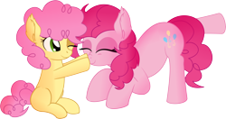 Size: 10000x5265 | Tagged: safe, artist:cyanlightning, character:li'l cheese, character:pinkie pie, species:earth pony, species:pony, episode:the last problem, g4, my little pony: friendship is magic, .svg available, absurd resolution, alternate hairstyle, boop, colt, cute, diapinkes, female, happy, li'l cuteese, male, mare, mlp fim's ninth anniversary, mother and son, scrunchy face, simple background, smiling, transparent background, vector