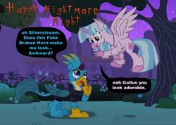 Size: 4055x2894 | Tagged: safe, artist:ejlightning007arts, character:gallus, character:silverstream, species:griffon, species:hippogriff, ship:gallstream, broken horn, clothing, costume, cute, dialogue, diastreamies, eye scar, fake horn, female, gallabetes, halloween, holiday, horn, implied tempest shadow, implied tempestlight, implied twilight sparkle, male, nightmare night, scar, shipping, speech bubble, straight