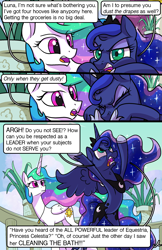 Size: 1989x3072 | Tagged: safe, artist:docwario, character:princess celestia, character:princess luna, species:alicorn, species:pony, comic:royal chores, angry, angry luna, comic, dialogue, jewelry, necklace, royal sisters, speech bubble, sun, sunlight