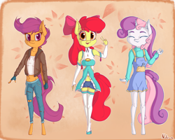 Size: 2500x2000 | Tagged: safe, artist:neko-me, character:apple bloom, character:scootaloo, character:sweetie belle, species:anthro, species:earth pony, species:pegasus, species:pony, species:unguligrade anthro, species:unicorn, abstract background, apple buruma project, belly button, bow, breasts, busty apple bloom, busty scootaloo, busty sweetie belle, clothing, cutie mark, cutie mark crusaders, eyes closed, fingerless gloves, gloves, hair bow, jacket, jeans, looking at you, midriff, older, older apple bloom, older scootaloo, older sweetie belle, pants, peace sign, ripped pants, stockings, thigh highs, trio