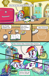 Size: 1990x3072 | Tagged: safe, artist:docwario, character:bon bon, character:daisy jo, character:discord, character:princess celestia, character:rainbow dash, character:sweetie drops, character:trixie, oc, oc:flaky pastry, oc:pia ikea, species:alicorn, species:pony, comic:royal chores v2, banana, beans, book, butter, cake, cereal, cherry, clock, comic, cupcake, dashtober, diabetes, egg, flour, food, jam, jewelry, ketchup, milk, mustard, necklace, offscreen character, olive, pear butter (food), pear jam, recipe, refrigerator, sauce, sugar (food), whipped cream