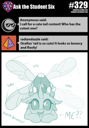 Size: 800x1151 | Tagged: safe, artist:sintakhra, character:ocellus, species:changeling, species:reformed changeling, tumblr:studentsix, bugs doing bug things, cute, cute bug noises, cute little fangs, descriptive noise, diaocelles, fangs, female, looking at you, post-it, solo, tail wag