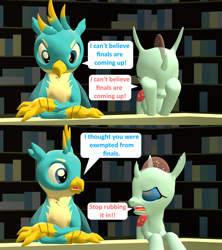 Size: 1920x2160 | Tagged: safe, artist:red4567, character:gallus, character:ocellus, species:changeling, species:griffon, species:reformed changeling, 3d, bookshelf, comic, dialogue, duo, female, male, source filmmaker, speech bubble, teenager