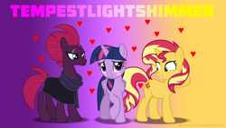 Size: 3840x2160 | Tagged: safe, artist:ejlightning007arts, character:sunset shimmer, character:tempest shadow, character:twilight sparkle, character:twilight sparkle (alicorn), species:alicorn, species:pony, species:unicorn, ship:sunsetsparkle, ship:tempestlight, blushing, broken horn, clothing, cute, eye scar, female, heart, horn, lesbian, scar, shipping, tempestlightshimmer, tempestshimmer, twiabetes, wallpaper