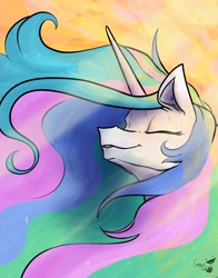 Size: 2884x3686 | Tagged: safe, artist:greyscaleart, character:princess celestia, species:pony, bust, crepuscular rays, eyes closed, female, majestic, signature, solo