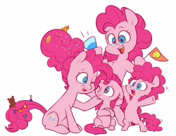 Size: 4338x3355 | Tagged: safe, artist:chub-wub, part of a set, character:pinkamena diane pie, character:pinkie pie, species:earth pony, species:pony, episode:the last problem, g4, my little pony: friendship is magic, age progression, bipedal, cute, diapinkes, female, filly, filly pinkie pie, flag, mare, multeity, older, older pinkie pie, one eye closed, open mouth, party horn, ponidox, self ponidox, simple background, smiling, solo, too much pink energy is dangerous, white background, younger