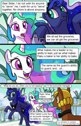 Size: 1990x3072 | Tagged: safe, artist:docwario, character:princess celestia, character:princess luna, oc, oc:lump sum, species:alicorn, species:earth pony, species:pony, comic:royal chores, comic, dialogue, royal sisters, speech bubble