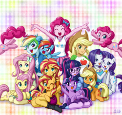Size: 4699x4430 | Tagged: safe, alternate version, artist:uotapo, character:applejack, character:fluttershy, character:pinkie pie, character:rainbow dash, character:rarity, character:sunset shimmer, character:twilight sparkle, character:twilight sparkle (alicorn), character:twilight sparkle (scitwi), species:alicorn, species:earth pony, species:eqg human, species:pegasus, species:pony, species:unicorn, g4, my little pony: equestria girls, my little pony:equestria girls, armpits, breaking the fourth wall, geode of shielding, geode of sugar bombs, geode of super speed, human ponidox, humane five, humane seven, humane six, looking at you, magical geodes, mane six, one eye closed, open mouth, pinkie being pinkie, ponidox, self ponidox, twolight, wink