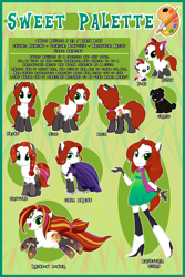 Size: 4506x6751 | Tagged: safe, artist:xwhitedreamsx, oc, oc only, oc:sweet palette, species:crystal pony, species:dog, species:earth pony, species:pony, my little pony:equestria girls, absurd resolution, clothing, commission, dress, female, filly, foal, gala dress, mare, pet, ponied up, rainbow power, reference sheet, solo