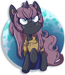 Size: 1465x1691 | Tagged: safe, artist:binkyt11, oc, oc only, oc:belladonna lamia, species:pony, species:unicorn, chibi, circle background, ear fluff, eye clipping through hair, female, freckles, looking up, mare, raised hoof, shiny, solo