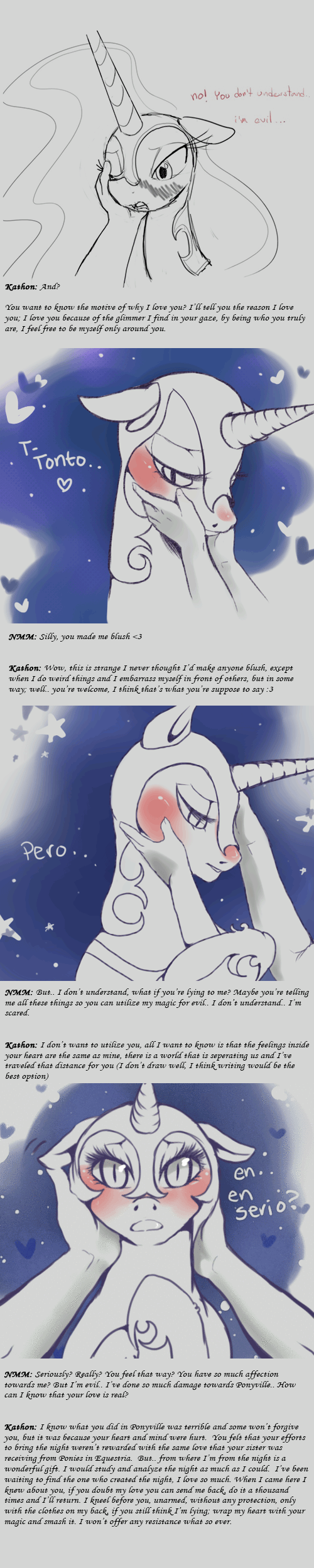 Size: 500x2500 | Tagged: safe, artist:sincerelymrbear, artist:zev, character:nightmare moon, character:princess luna, species:human, species:pony, animated, blushing, cute, diabetes, eye shimmer, female, floppy ears, human male, human male on mare, human on pony action, interspecies, love, male, mare, moonabetes, spanish, straight, tsundere, tsundere moon