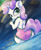 Size: 699x844 | Tagged: safe, artist:grissaecrim, character:sweetie belle, species:anthro, species:pony, species:unicorn, bicolor swimsuit, clothing, cute, eating, eyelashes, female, filly, food, frilled swimsuit, green eyes, horn, looking back, one-piece swimsuit, open-back swimsuit, pink swimsuit, popsicle, sitting, solo, swimsuit, water, white coat, white fur