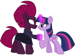 Size: 5943x4356 | Tagged: safe, artist:ejlightning007arts, character:tempest shadow, character:twilight sparkle, character:twilight sparkle (alicorn), species:alicorn, species:pony, ship:tempestlight, broken horn, clothing, eye scar, female, horn, implied kissing, lesbian, magic, nervous, raised hoof, scar, scarf, shipping, simple background, telekinesis, transparent background, vector