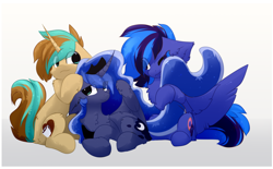 Size: 1944x1206 | Tagged: safe, artist:little-sketches, character:princess luna, oc, oc:demi, oc:night shadow, species:alicorn, species:pegasus, species:pony, species:unicorn, cute, dawwww, female, friendship, group hug, happy, holding head, hug, male, mare, simple background, smiling, stallion, tail, tail hug, tail pull, weapons-grade cute