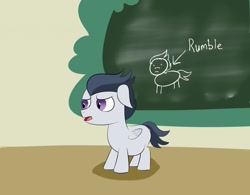 Size: 1280x1000 | Tagged: safe, artist:astr0zone, character:rumble, species:pegasus, species:pony, belly, chalkboard, chubby, classroom, colt, foal, male, pudge, school, solo, weight gain