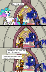 Size: 1989x3072 | Tagged: safe, artist:docwario, character:princess celestia, character:princess luna, oc, oc:lump sum, species:alicorn, species:earth pony, species:pony, comic:royal chores, comic, dialogue, guard, jewelry, necklace, ribbon, royal guard, speech bubble, walking