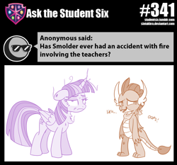 Size: 800x747 | Tagged: safe, artist:sintakhra, character:smolder, character:twilight sparkle, character:twilight sparkle (alicorn), species:alicorn, species:dragon, species:pony, tumblr:studentsix, bandana, burned, duo, female, mare, oops, this will end in detention