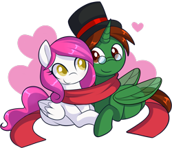 Size: 1795x1552 | Tagged: safe, artist:xwhitedreamsx, oc, oc only, oc:storm cloud, oc:valtiel, species:pony, clothing, female, hat, male, mare, prone, scarf, shared clothing, shared scarf, simple background, stallion, top hat, transparent background