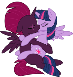 Size: 6613x6950 | Tagged: safe, alternate version, artist:ejlightning007arts, artist:lullabyprince, base used, character:tempest shadow, character:twilight sparkle, character:twilight sparkle (alicorn), species:alicorn, species:pony, ship:tempestlight, alicornified, eye scar, eyes closed, female, kissing, lesbian, race swap, scar, shipping, simple background, sitting, tempest gets her horn back, tempesticorn, transparent background, vector, wings