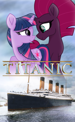 Size: 2455x4000 | Tagged: safe, artist:ejlightning007arts, character:tempest shadow, character:twilight sparkle, character:twilight sparkle (alicorn), species:alicorn, species:pony, species:unicorn, ship:tempestlight, broken horn, female, horn, lesbian, looking at each other, poster, ship, shipping, this will end in death, titanic