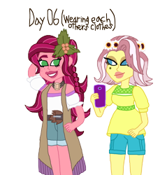 Size: 1648x1800 | Tagged: safe, artist:ktd1993, character:gloriosa daisy, character:vignette valencia, my little pony:equestria girls, 30 day otp challenge, cellphone, clothes swap, female, gloriette, lesbian, phone, shipping, vignette valencia