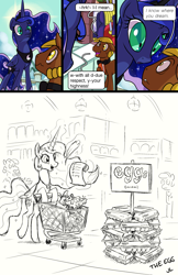 Size: 1989x3072 | Tagged: safe, artist:docwario, character:princess celestia, character:princess luna, oc, oc:lump sum, species:alicorn, species:earth pony, species:pony, comic:royal chores, abuse of power, comic, cute, cutelestia, dialogue, digital art, female, grin, lip bite, male, mare, nervous, nervous grin, royal sisters, smiling, stallion, threat