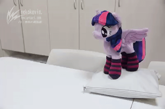Size: 540x359 | Tagged: safe, artist:nekokevin, character:twilight sparkle, character:twilight sparkle (alicorn), species:alicorn, species:pony, 4de, animated, clothing, cute, dancing, excited, female, gif, happy, irl, mare, open mouth, photo, pillow, plushie, smiling, socks, solo, spread wings, starlight's little twibird, stop motion, striped socks, table, twiabetes, wings