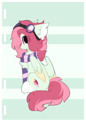 Size: 1080x1536 | Tagged: safe, artist:little-sketches, oc, oc:celestial star, species:pegasus, species:pony, chest fluff, clothing, ear fluff, eye clipping through hair, female, goggles, scarf, sitting