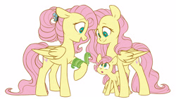 Size: 5295x2979 | Tagged: safe, artist:chub-wub, part of a set, character:fluttershy, species:pegasus, species:pony, episode:the last problem, g4, my little pony: friendship is magic, age progression, cute, female, filly, filly fluttershy, folded wings, looking at someone, looking at something, mare, multeity, older, older fluttershy, open mouth, ponidox, self ponidox, shyabetes, simple background, snake, so much flutter, solo, standing, triality, white background, wings, younger