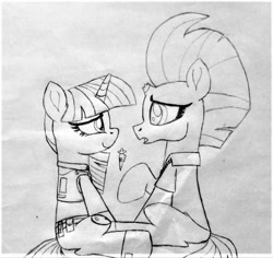 Size: 960x906 | Tagged: safe, artist:ejlightning007arts, derpibooru original, character:tempest shadow, character:twilight sparkle, ship:tempestlight, carrot, clothing, female, food, hand drawing, hawaiian shirt, judy hopps, lesbian, looking at each other, missing wing, nick wilde, open mouth, pen, police uniform, raised hoof, shipping, shirt, traditional art, zootopia