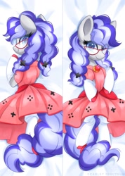 Size: 1280x1800 | Tagged: safe, artist:scarlet-spectrum, oc, oc only, oc:cinnabyte, species:earth pony, species:pony, body pillow, body pillow design, clothing, cute, dress, female, glasses, looking at you, lying down, mare, ocbetes, solo