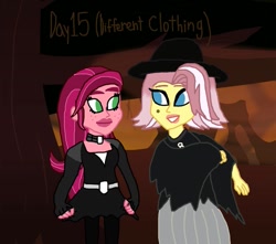 Size: 951x839 | Tagged: safe, artist:123turtleshell, artist:ktd1993, character:gloriosa daisy, character:vignette valencia, my little pony:equestria girls, 30 day otp challenge, alternate clothes, black hat, cape, clothing, female, gloriette, goth fashion, gothic, lesbian, shipping, vignette valencia