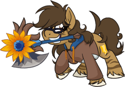 Size: 1176x825 | Tagged: safe, artist:binkyt11, derpibooru original, oc, oc only, oc:binky, species:earth pony, species:pony, species:zebra, species:zony, derpibooru community collaboration, axe, brawlhalla, clothing, female, flower, freckles, hoodie, hybrid, mare, mouth hold, rayman, simple background, solo, sunflower, transparent background, unshorn fetlocks, weapon, zebroid