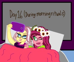 Size: 976x819 | Tagged: safe, artist:ktd1993, character:gloriosa daisy, character:vignette valencia, my little pony:equestria girls, 30 day otp challenge, bed, clothing, female, gloriette, lesbian, nightgown, one eye open, selfie, shipping, vignette valencia