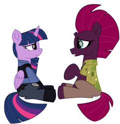Size: 6896x7123 | Tagged: safe, artist:ejlightning007arts, character:tempest shadow, character:twilight sparkle, character:twilight sparkle (alicorn), species:alicorn, species:pony, species:unicorn, ship:tempestlight, my little pony: the movie (2017), clothing, crossover, cute, female, hawaiian shirt, judy hopps, lesbian, nick wilde, open mouth, police uniform, raised hoof, shipping, shirt, simple background, transparent background, vector, zootopia