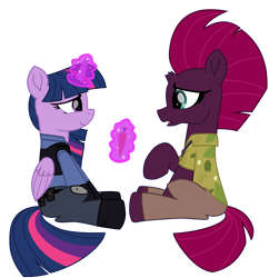 Size: 6896x7123 | Tagged: safe, alternate version, artist:ejlightning007arts, character:tempest shadow, character:twilight sparkle, character:twilight sparkle (alicorn), species:alicorn, species:pony, species:unicorn, ship:tempestlight, my little pony: the movie (2017), carrot, clothing, cosplay, costume, crossover, cute, female, food, hawaiian shirt, judy hopps, lesbian, magic, nick wilde, open mouth, pen, police uniform, raised hoof, shipping, shirt, simple background, telekinesis, transparent background, vector, zootopia