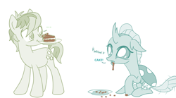 Size: 758x422 | Tagged: safe, artist:sintakhra, edit, character:ocellus, character:sandbar, species:changeling, species:pony, species:reformed changeling, cake, chocolate cake, chocolate drool, color edit, colored, cute, diaocelles, dish, drool, food, hungry, mouth hold, original source in description, post-it, sandabetes, tail wag, whining