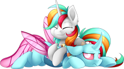 Size: 2711x1502 | Tagged: safe, artist:scarlet-spectrum, oc, oc only, oc:minty crumble, species:changeling, species:pony, species:reformed changeling, species:unicorn, changedling oc, changeling oc, clothing, duo, female, hug, mare, scarf, simple background, transparent background