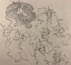 Size: 2048x1878 | Tagged: safe, artist:greyscaleart, character:princess celestia, species:alicorn, species:pony, annoyed, bust, celestia is not amused, confused, eyes closed, female, floppy ears, happy, laughing, lidded eyes, looking at you, mare, monochrome, sketch, sketch dump, smuglestia, solo, traditional art, unamused