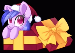 Size: 2894x2049 | Tagged: safe, artist:scarlet-spectrum, part of a set, character:sea swirl, species:pony, species:unicorn, background pony, box, christmas, clothing, cute, dawwww, female, hat, hearth's warming, high res, holiday, mare, pony in a box, present, santa hat, seadorable, simple background, solo, transparent background, ych result
