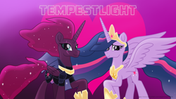 Size: 3840x2160 | Tagged: safe, artist:ejlightning007arts, character:tempest shadow, character:twilight sparkle, character:twilight sparkle (alicorn), species:alicorn, species:pony, ship:tempestlight, episode:the last problem, g4, my little pony: friendship is magic, alicornified, armor, eye scar, female, good end?, heart, lesbian, pretty pretty tempest, princess tempest shadow, princess twilight 2.0, race swap, raised hoof, scar, shipping, tempest gets her horn back, tempesticorn, wallpaper, wavy mane
