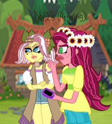 Size: 851x939 | Tagged: safe, artist:ktd1993, character:gloriosa daisy, character:vignette valencia, my little pony:equestria girls, 30 day otp challenge, argument, camp everfree, cellphone, female, gloriette, lesbian, phone, raised eyebrow, shipping, vignette valencia
