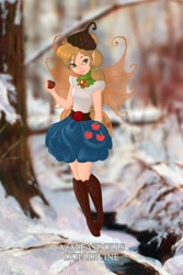 Size: 400x600 | Tagged: safe, artist:azaleasdolls, artist:user15432, character:applejack, species:human, my little pony:equestria girls, apple, barely eqg related, belt, boots, clothing, crossover, disney, disney style, element of honesty, fairy, fairy wings, fairyized, food, hat, high heel boots, jewelry, necklace, pixie scene maker, shoes, wings