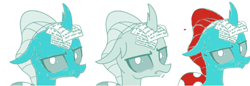 Size: 684x234 | Tagged: safe, artist:gooeybird, artist:sintakhra, edit, character:ocellus, species:changeling, species:reformed changeling, blue changeling, color edit, colored, comparison, cropped, female, looking at you, ocellus is not amused, photo, post-it, red hair, side by side, unamused, writing
