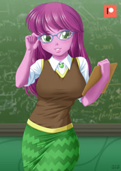 Size: 707x1000 | Tagged: safe, artist:uotapo, character:cheerilee, my little pony:equestria girls, blushing, breasts, busty cheerilee, chalkboard, cheeribetes, classroom, clipboard, cute, eyelashes, female, freckles, glasses, hot for teacher, lips, long hair, looking at you, meganekko, patreon, patreon logo, smiling, solo, sweater vest, teacher
